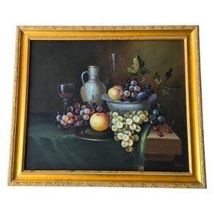 Vintage Oil Paint Still Life Framed Art with Gold Frame Signed Jahn German Artis